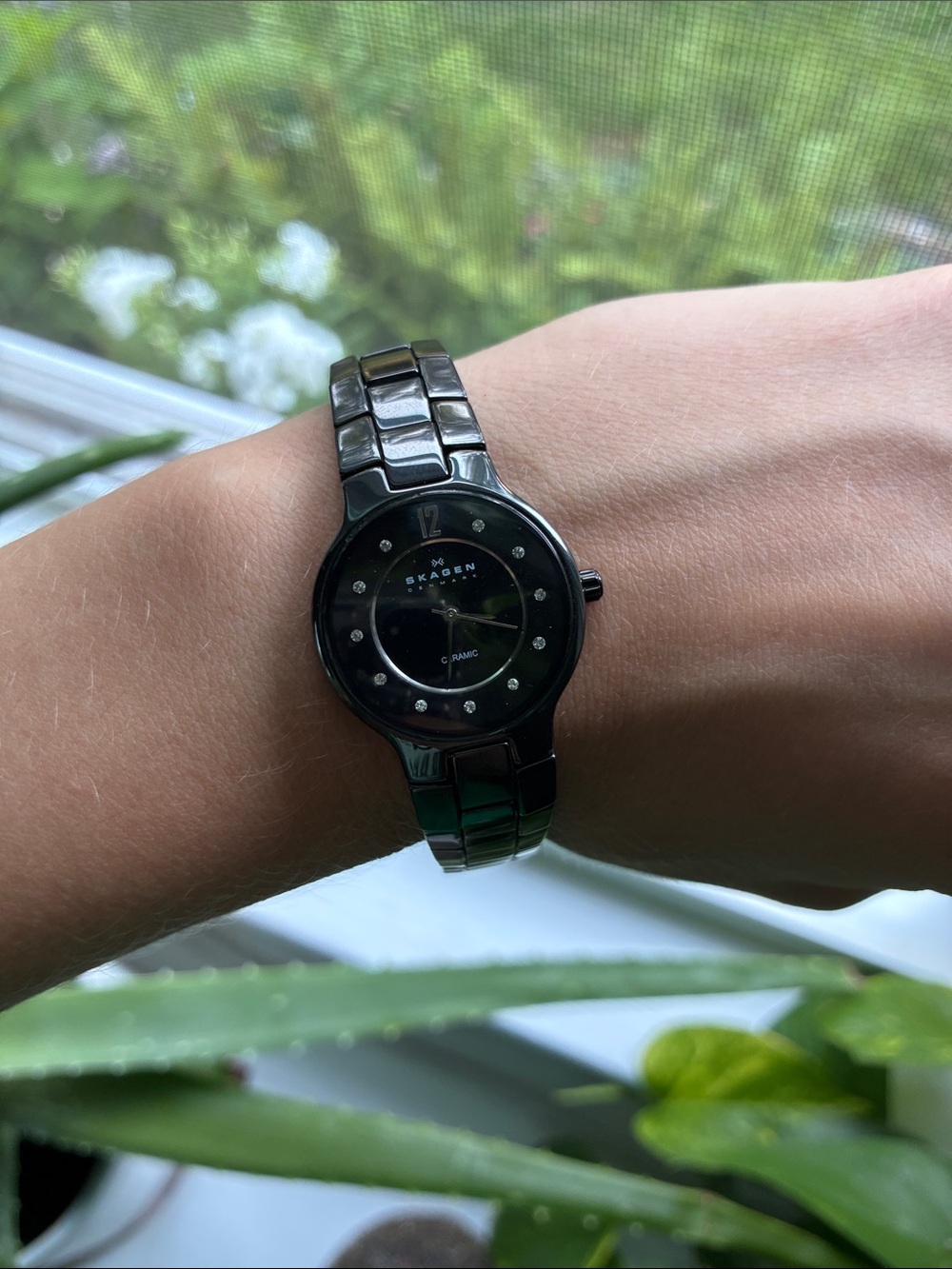 Skagen Black Ceramic Women's Bracelet Watch with Crystal Accents